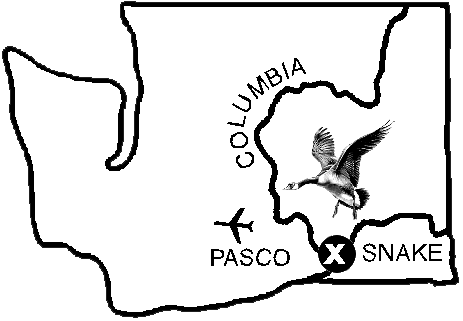 Washington State Map, showing Burbank where the Snake River joins the Columbia River